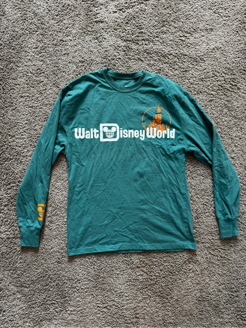 Disney Teal Long Sleeve Shirt with White Logo and Orange Castle
